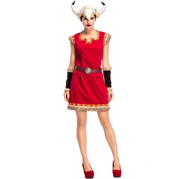Halloween Kostumi Za Ženske Karneval Stopnji Uspešnosti Odraslih Žensk Nordijska Viking Divjak Samurai Warrior Kostum Rdeče Krzno Mini Obleka