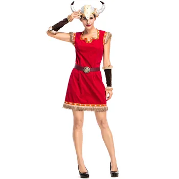 Halloween Kostumi Za Ženske Karneval Stopnji Uspešnosti Odraslih Žensk Nordijska Viking Divjak Samurai Warrior Kostum Rdeče Krzno Mini Obleka