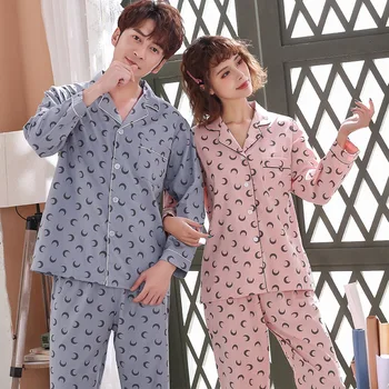 Hot Bombaž Dolg Rokav Pižamo 2 Delni Set Fashion Star Luna Moških in Žensk Sleepwear Velikosti Priložnostne Kariran Doma Kostumi