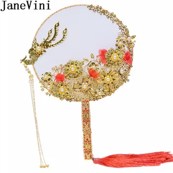 JaneVini Novi Kitajski Stil Poročne Šopek Rož Biseri Zlato Phoenix Umetno Cvetje, Poročne Šopke Kovinski Nevesta Strani Fan