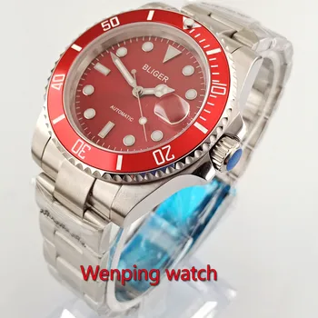 40 mm Mehanske montres de poignet rdečega gumba rdeče plošče Bliger povečevalno datum avtomatsko gibanje moške ure W2779