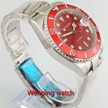 40 mm Mehanske montres de poignet rdečega gumba rdeče plošče Bliger povečevalno datum avtomatsko gibanje moške ure W2779