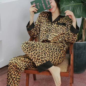 Seksi Leopard Tiskanja Ledu Svilo Doma Obleko Modne Jeseni Dolg Rokav Pižamo Svoboden Ženske Sleepwear Perilo Domov Nositi Spanja Oblačila