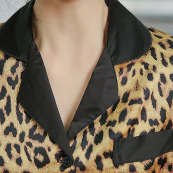 Seksi Leopard Tiskanja Ledu Svilo Doma Obleko Modne Jeseni Dolg Rokav Pižamo Svoboden Ženske Sleepwear Perilo Domov Nositi Spanja Oblačila
