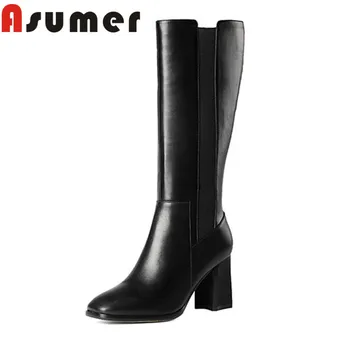 ASUMER 2020 NOV modni kvadratni toe sredi tele škornje debele pete pu+pravega usnja čevlji solid klasična lady black zimski škornji