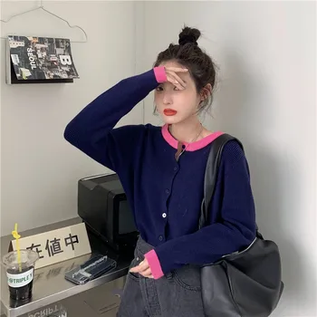 Yedinas korejskem Slogu 2020 Pomlad Moda Barva Patwork Elegantna Osnovne Pletene Žensk O-vratu Brezrokavniki Puloverji Jeseni Dame Pleteninah