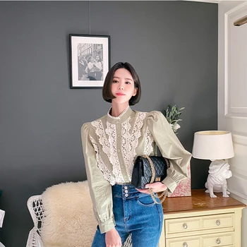 RUGOD 2021 zgodaj spomladi elegantna korejskem slogu ruffles mozaik elegantna ženska majica sladko odhodni ulične termperament vrhovi