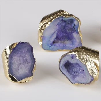 Velika zlata platišča lila vijolična vijolična geode kristalni kamen rezina noge čar prilagodite odprite glasno zvoni zapestnice za ženske moški