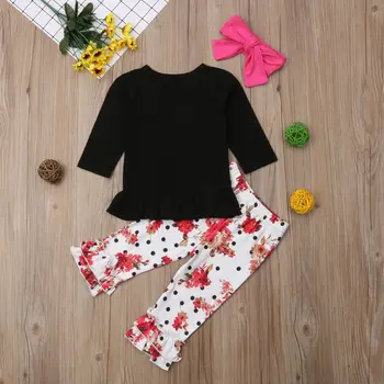 3PCS Nastavite Malčka Otroci Baby Girl Obleke z Dolgimi Rokavi Bombaža T-shirt Vrhovi Ruffles Cvetlični Dolge Hlače Legging Glavo Oblačila Sklop