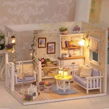 Moda DIY Lutka Hiša Les, Pohištvo DIY Miniaturni Prahu Kritje 3D Miniaturas Lutke Za Otroke Ročno Brithday Darilo