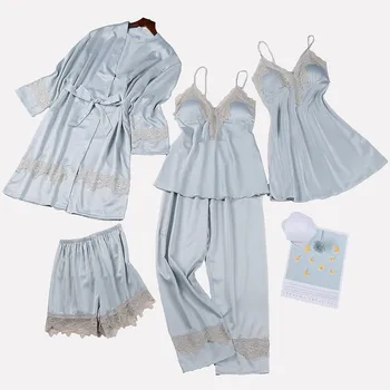 Ženske Seksi 5PCS Haljo Nastavite Sleepwear Svilnato Saten Nightgown Kimono kopalni plašč Obleke Čipke Mozaik More Priložnostne Domov Oblačila