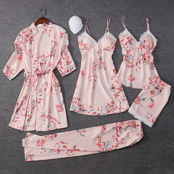 5PCS Pižamo bo Ustrezala Priložnostne Kimono Plašč Natisnjeni Cvet Ženske More Intimno Perilo za Pomlad Jesen Novo Sleepwear Homewear