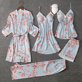 5PCS Pižamo bo Ustrezala Priložnostne Kimono Plašč Natisnjeni Cvet Ženske More Intimno Perilo za Pomlad Jesen Novo Sleepwear Homewear