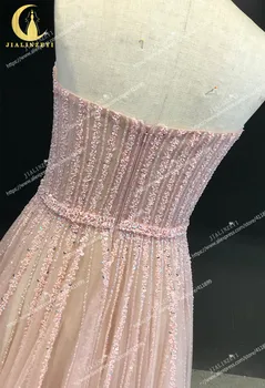 Ren Realno sliko Roza Stapless Pero kroglice A-line haljo longue abiti da seradress ženske večerno obleko dolgo formalnih obleke