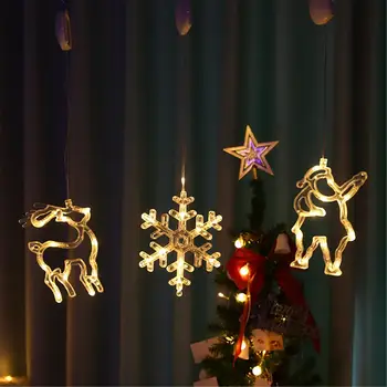 Božič LED Luči Okno Bedak Žarnice Božično Drevo Okraski Elk Snežinka Santa Claus Zvonovi Drevo Za Domačo Razsvetljavo Okno