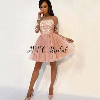 Rdečilo Za Lica Pink 2019 Kratek Prom Obleke Z Dolgimi Rokavi Videti Skozi Elegantna Bela Čipka Koleno Dolžina Večerne Haljo De Soiree Poceni