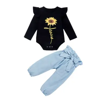 Baby Girl Obleke Sončnično Tiskanja Long Sleeve Zgornji del Obleke+Romper Pas Hlače Obleči Trenirko 0-24M
