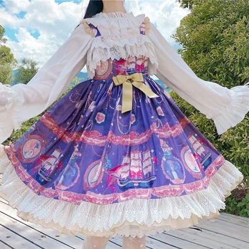 Japonski Slog Lolita Letnik Natisnjeni Sladko Čipke Ogrlicom Trak JSK Obleko pravljice obleko tea party lolita obleko sweet lolita lutka