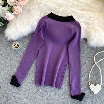 Novi modni Dodatki mozaik znižuj ovratnik ključni luknjo plesti pulover ženske jeseni dolgimi rokavi pulover slim fit pletene Vrh