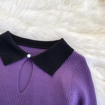 Novi modni Dodatki mozaik znižuj ovratnik ključni luknjo plesti pulover ženske jeseni dolgimi rokavi pulover slim fit pletene Vrh