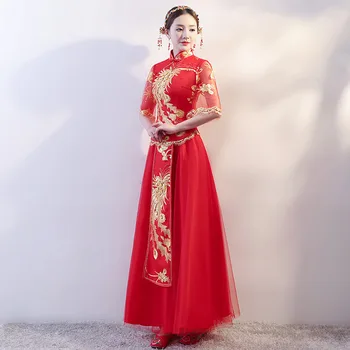 Kitajski Tradicionalni Družico Obleke Rdeče Pol Rokav Lady Eleganco Cheongsam Stranki Poroka Obleke Orientalski Vitage Chi Pao