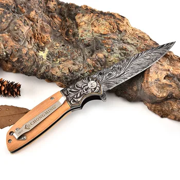 Damask jekla, Zložljiv Nož 440C Rezilo Jekla Ebony Ročaj na Prostem Taktično Lov Kampiranje, Noži za Preživetje Žepni Nož Orodja
