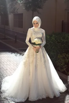 Skromno arabski Stil Poroka Oblačenja 2019 vestidos de novia Dolg Rokav Visoko Vratu Til Nevesta Obleke Dubaj