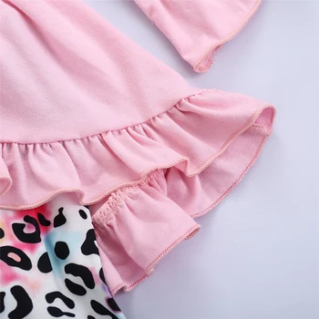 Mudkingdom Baby Dekleta Obleke Froral Leopard Tiskanja Dolg Rokav Otroci Oblačila Sklop Ruffle Jeseni Otroci Oblačila