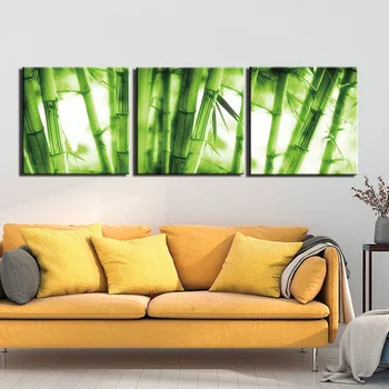 3 Kos Zelene Bambusa Wall Art Slikarstvo na Platno Doma Dekor Giclee Umetnine Priljubljena Platno, Slike dnevne Sobe