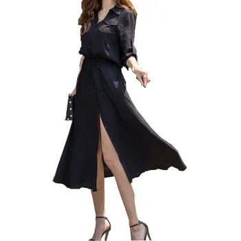 2020 Moda Za Ženske Obleke Turndown Ovratnik, Dolgi Rokavi, Žepi Dolgo Črno Obleko Režejo Priložnostne Obleko Mujer Vestidos Haljo Femme